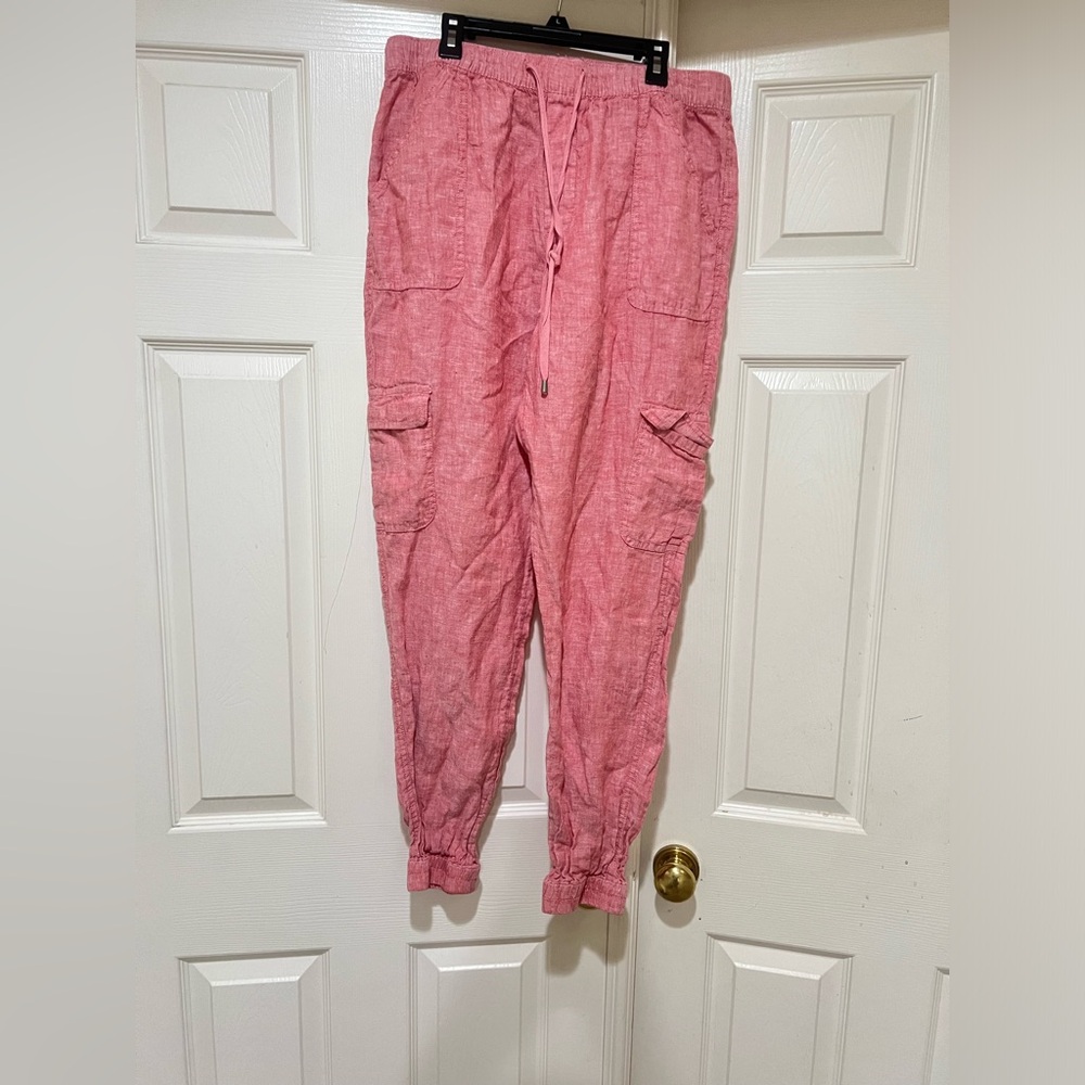 Nicole Miller Linen Cargo Jogger Pants Womens Large salmon Drawstring summer
